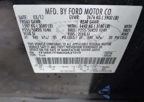 2013 Ford Explorer Limited z USA, uszkodzony, nr VIN 1FM5K7F94DGA21019